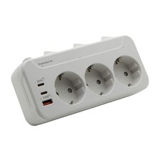 Тройник 100-250V 16A 4000W + USB 5V 3.3A + 2*Type C с/с., штекер ПОВОРОТНЫЙ белый "LEMANSO" LMA790044