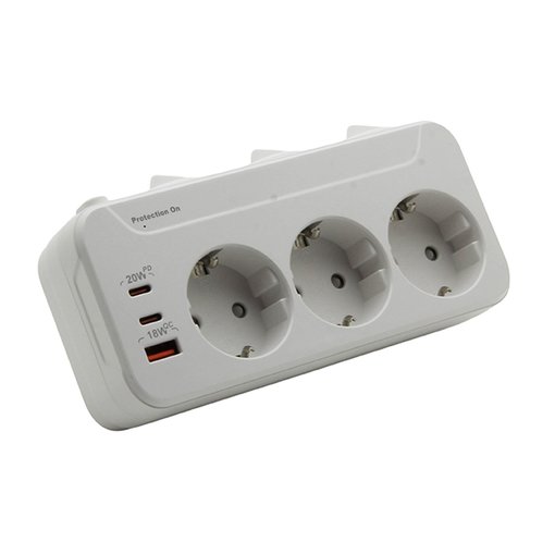 Тройник 100-250V 16A 4000W + USB 5V 3.3A + 2*Type C с/с., штекер ПОВОРОТНЫЙ белый "LEMANSO" LMA790044