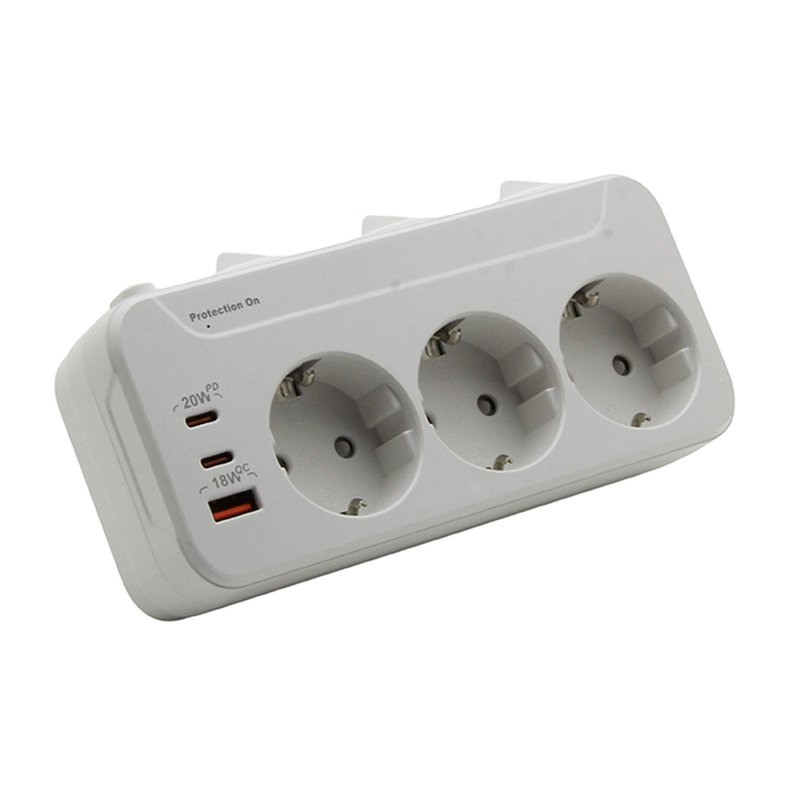 Тройник 100-250V 16A 4000W + USB 5V 3.3A + 2*Type C с/с., штекер ПОВОРОТНЫЙ белый "LEMANSO" LMA79004