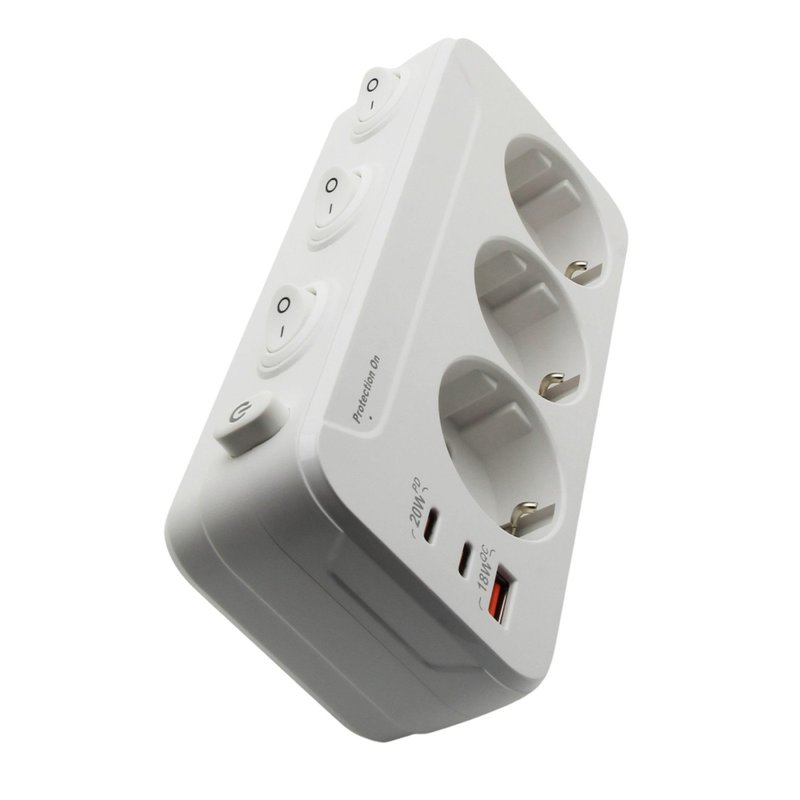 Тройник 100-250V 16A 4000W + USB 5V 3.3A + 2*Type C с/с., штекер ПОВОРОТНЫЙ белый "LEMANSO" LMA79004