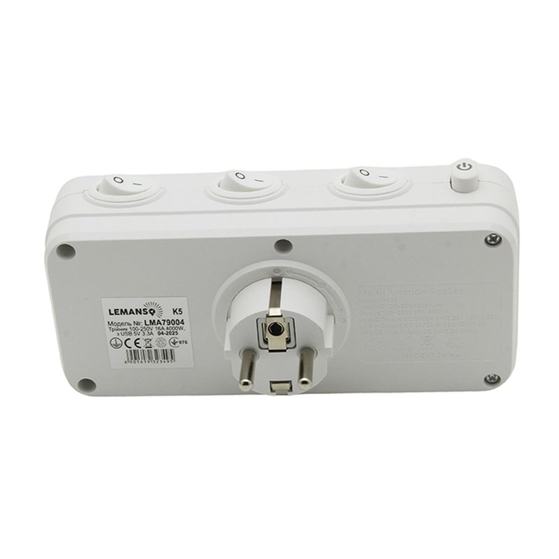 Тройник 100-250V 16A 4000W + USB 5V 3.3A + 2*Type C с/с., штекер ПОВОРОТНЫЙ белый "LEMANSO" LMA79004
