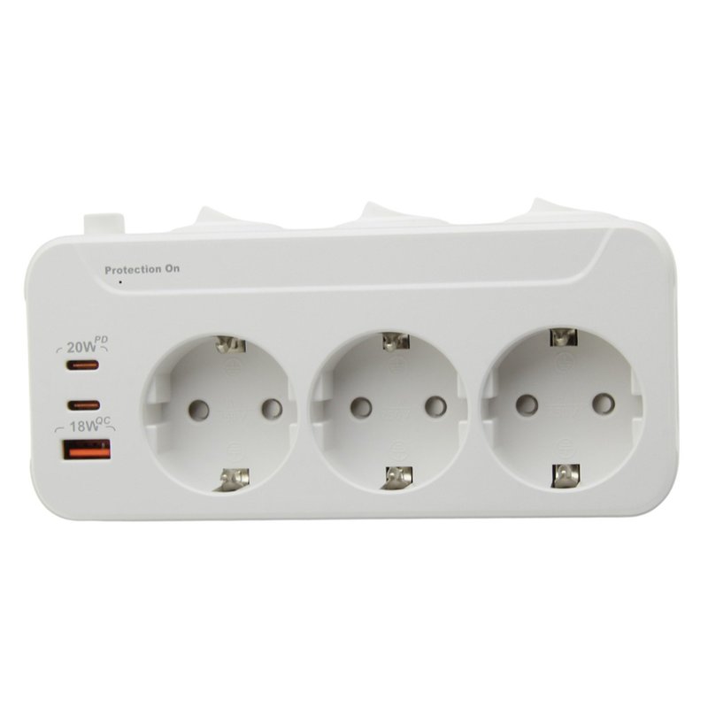 Тройник 100-250V 16A 4000W + USB 5V 3.3A + 2*Type C с/с., штекер ПОВОРОТНЫЙ белый "LEMANSO" LMA79004