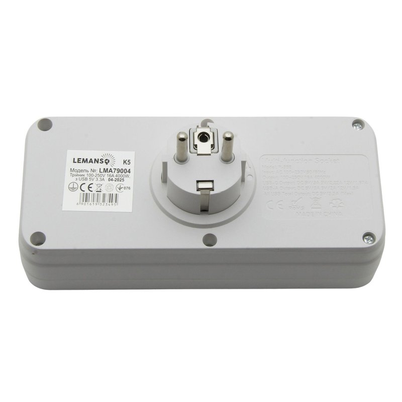 Тройник 100-250V 16A 4000W + USB 5V 3.3A + 2*Type C с/с., штекер ПОВОРОТНЫЙ белый "LEMANSO" LMA79004