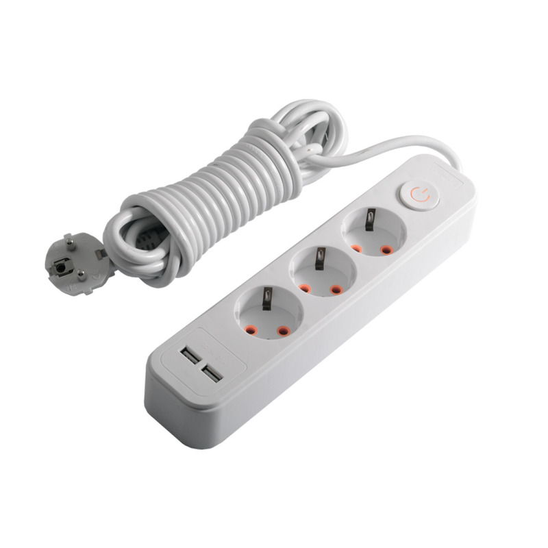 Подовжувач 3 гнізда 5м з 2*USB (2100mA) з/з 5x1.0mm 3500W з кнопкою "LEMANSO" LMK71007