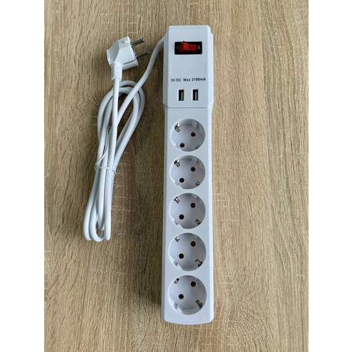 Подовжувач 5 гн. 2м з 2*USB (2100mA) з/з 3x0.75mm макс 2500W з кнопкою "LEMANSO" LMK71003
