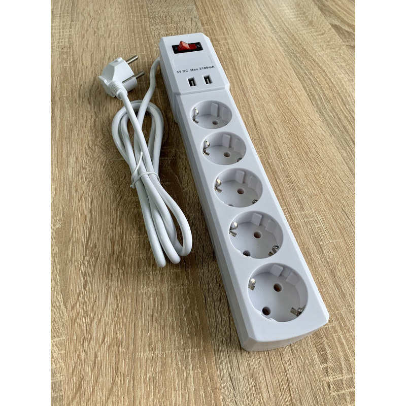 Удлинитель 5 гн. 2м с 2*USB (2100mA) с/з 3x0.75mm макс 2500W с кнопкой "LEMANSO" LMK71003