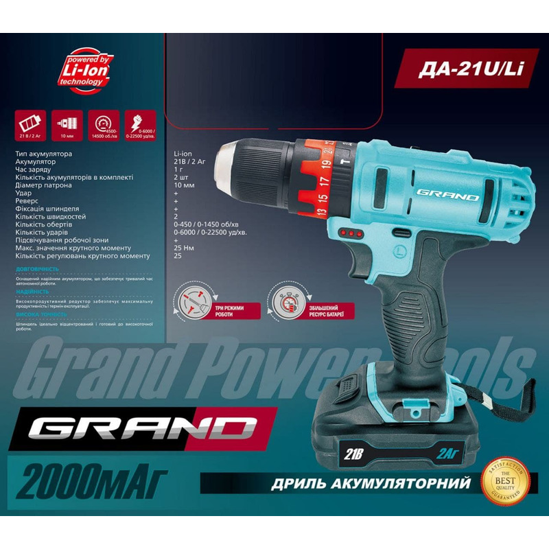 Шуруповерт акумуляторний ДА-21U/Li "GRAND" GRDA21ULi