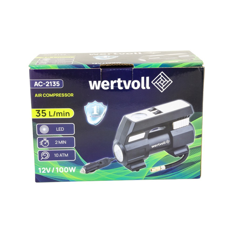 Компресор автомобільний 12V, 150 PSI, 8 A, 100 Вт, 35 л/хв WERTWOLL AC-2135