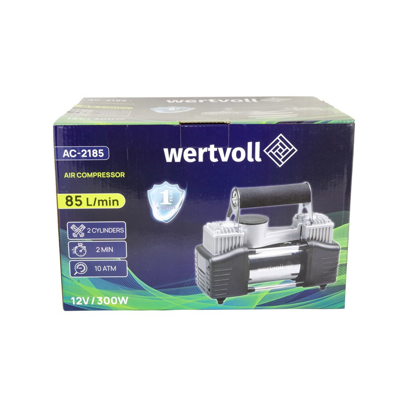 Компресор автомобільний двопоршневий 12V, 150 PSI, 25 A, 300 Вт, 85 л/хв WERTWOLL AC-2185