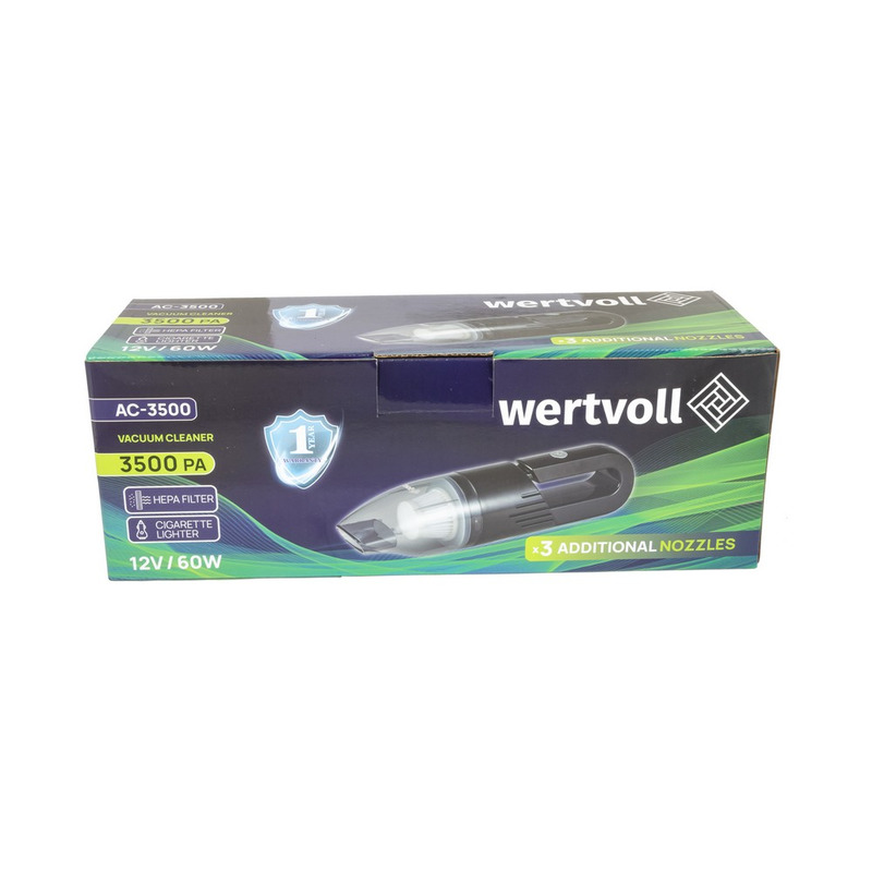 Пылесос автомобильный 3500 PA, 12V, 5A, 60Вт, сухая и влажная уборка WERTVOLL AC-3500