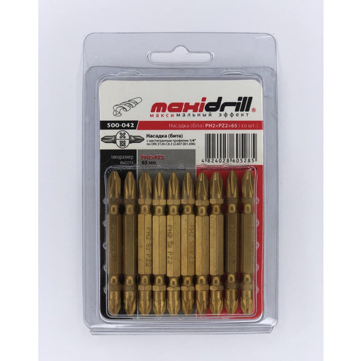 Насадка PH2*PZ2*65мм, 1/4", S2, Титан "LEVTOOLS" 500-042