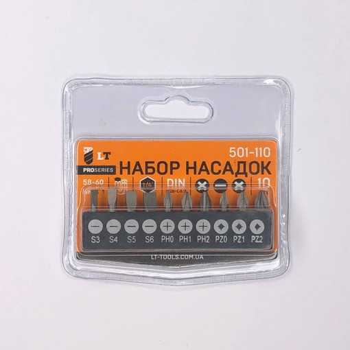 Набір насадок 25 мм, 10 шт. (S3, S4, S5, S6, PH0, PH1, PH2, PZ0, PZ1, PZ2) "LEVTOOLS" 501-110