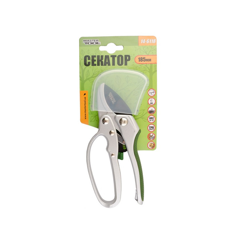 Секатор садовый с храповым механизмом 185 мм, лезвие SK5+ТЕФЛОН, MASTER TOOL 14-6118