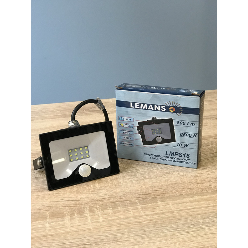 Прожектор светодиодный LED SMD 10w 6500K IP65 800LM со встроенным датчиком чёрный "LEMANSO" LMPS15