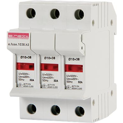 Утримувач запобіжника на DIN-рейку e.fuse.1038.h3, під запобіжник 10х38, 3р, 2-32А "E.NEXT" i0300003