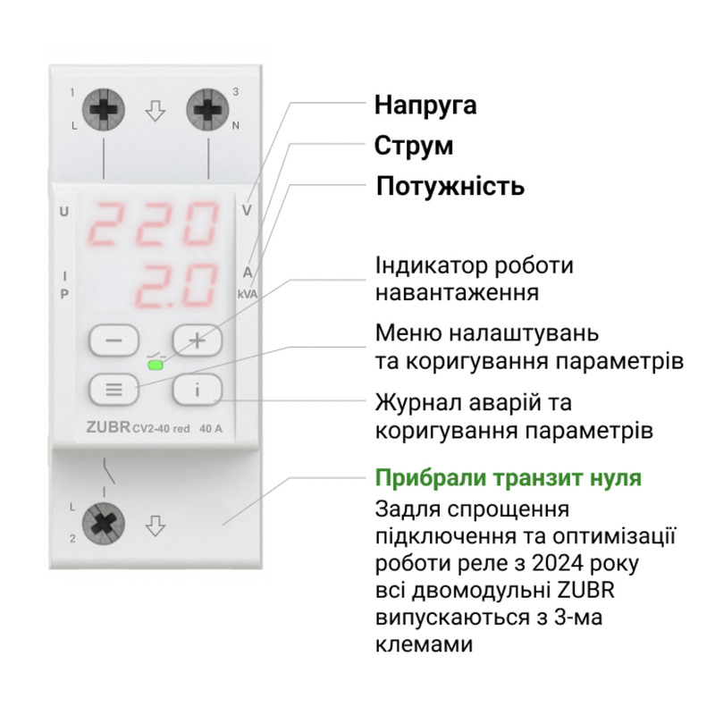 Реле напруги на 2 модулі з контролем струму 40 А (max 50 А), 8 800 ВА "ZUBR" CV2-40 red